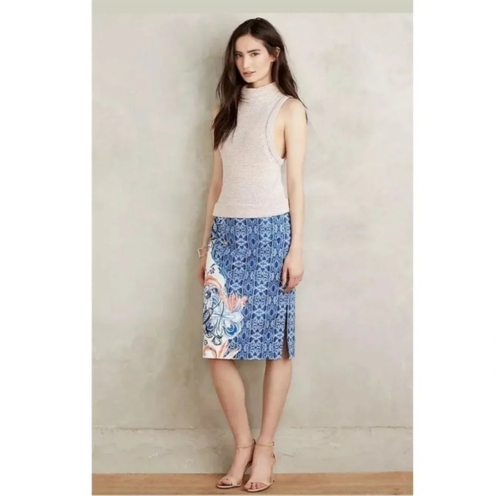 Anthropologie blue floral pencil skirt